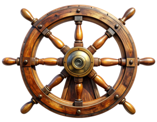 Weathered Wooden Ship Wheel with Brass Hub