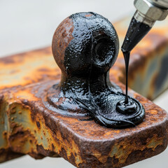 Tactical macro shot of boat trailer maintenance, featuring grease application on a rusty hitch with high-contrast mechanical details.