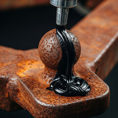Extreme macro of a rusty boat trailer hitch being greased, showing the contrast between dark grease and textured metal under high-key lighting.
