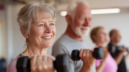 Senior individuals performing strength training with dumbbells, highlighting active aging and wellness