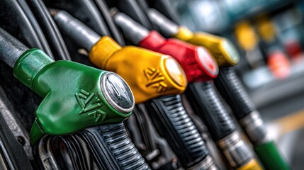 Close-up of colorful fuel nozzles, arranged in a row. Focus on varying hues and shapes