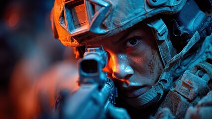 Close-up of determined soldier aiming rifle, illuminated by red and blue light