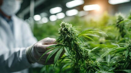 Close-up of gloved hand inspecting a large cannabis bud amidst indoor cultivation