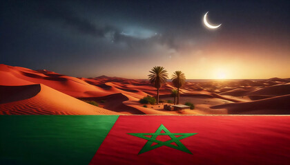 A Moroccan flag in Sahara desert dunes and night sky, Ai generated image