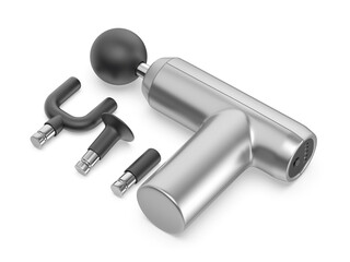 Silver massage gun with massage heads on white background