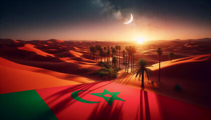 A Moroccan flag in Sahara desert dunes and night sky, Ai generated image