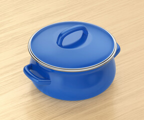 Blue enamel cooking pot on wooden table