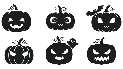 Cartoon Halloween Pumpkin Icon Set with Spooky Autumn Elements in Vector Illustration Style