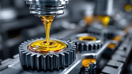 Close-up of machinery with oil lubricating a gear. Shiny metallic parts are in focus