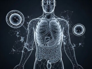 3D Rendering of Human Anatomy with Cellular Structures and Molecular Connections.