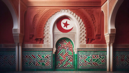 A Moroccan flag in intricate zellige tilework and architecture, Ai generated image