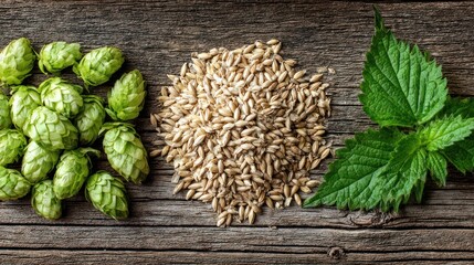 Close-up of hops, grain, and green leaves arranged on a rustic wooden surface