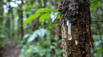 Close-up of tree trunk with resin dripping down, surrounded by lush green foliage