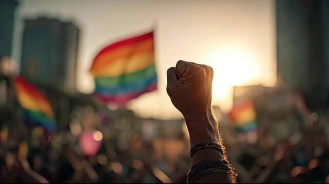 Raised fist silhouette at LGBTQ Pride parade with waving rainbow flags and crowd during golden hour sunset