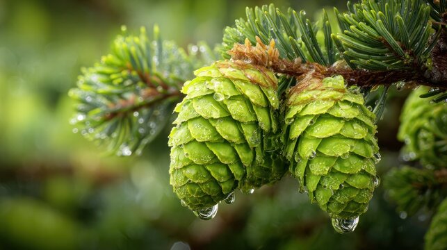 Close-up of vibrant green young pine cones and needles with water droplets