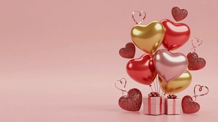 Valentine's day celebration with shiny heart shaped balloons and gift boxes on pink background, love and romance concept with red, gold, and pink colors, festive and joyful atmosphere
