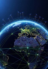 Digital global network covering the planet, illuminating communication pathways, satellites orbiting above glowing continents at night, innovation, transmission, future