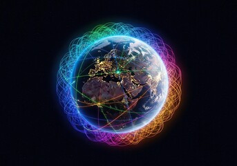 Digital global network surrounding the illuminated planet, showing worldwide data transfer and communication lines over city lights at night, glowing, transfer, science fiction