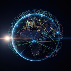 Digital globe showing global network connections, data flow, and worldwide communication lines over the dark side of Earth with glowing city lights visible, space, blue, science