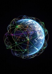 Digital network connection lines wrapping around a brightly lit planet Earth viewed from deep space, illustrating global telecommunication and technology, sphere., wireframe, international