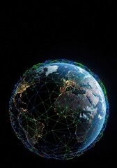 Digital network connections glow across the dark planet viewed from high orbit. Global business and data flow concept, transfer, city, system