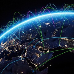 Digital network overlaying the planet at night showing worldwide communication and data transfer across major urban areas from space view, internet, exchange, information age