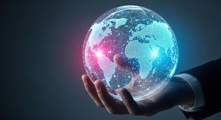 Executive grasping a digital illuminated world sphere, demonstrating global connectivity, development, and strategic marketing future, futuristic, international, communication