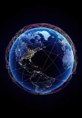 Glowing network lines connect major global cities across the dark blue Earth sphere, symbolizing massive worldwide data communication and digital technology, energy, blue, futuristic