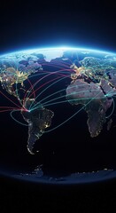 Global communication network concept lines linking major continents and cities, illustrating worldwide data flow, technology, and connection from space, night, telecom, digital