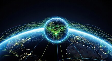 Glowing network lines wrap around planet Earth from space. Global communication concept connecting cities and continents digitally, data, earth, web