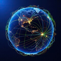 Glowing network lines wrap around the dark blue globe, illustrating global internet communication and digital data exchange seen from orbit, international, internet, data