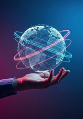 Holding a networked globe symbolizing worldwide business development, digital marketing, strategic planning, and creative technological solutions, concept, analysis, future