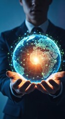 Professional holding a glowing world globe overlayed with strategic digital networks, symbolizing creative business development and global marketing solutions, Holding, Opportunity, Globe