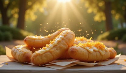 Crispy fried bananas with cheese sprinkles in golden hour outdoor setting