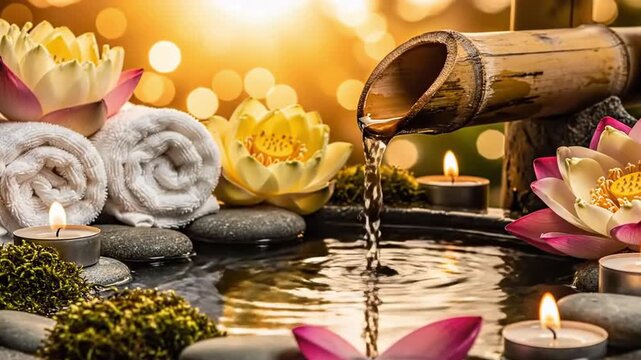 Close-up of flowing water from a bamboo spout surrounded by beautiful lotus flowers, zen stones, burning candles, and luxurious towels creating a tranquil spa and wellness atmosphere.
