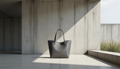 Minimalist Grey Leather Tote Bag in Modern Concrete Architectural Setting 