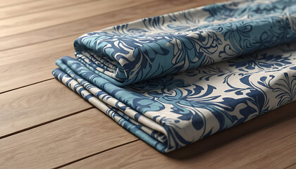 Elegant Blue Damask Floral Patterned Fabric on Wooden Background