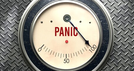 Panic  meter that is hitting a full scale, showing rising levels of panic, overload of it, too much of it. Maximum value, off the charts.