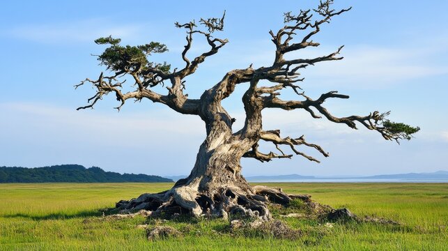 An ancient gnarled tree with stark weathered branches stands alone in a vibrant green field under a clear blue sky - Powered by Adobe