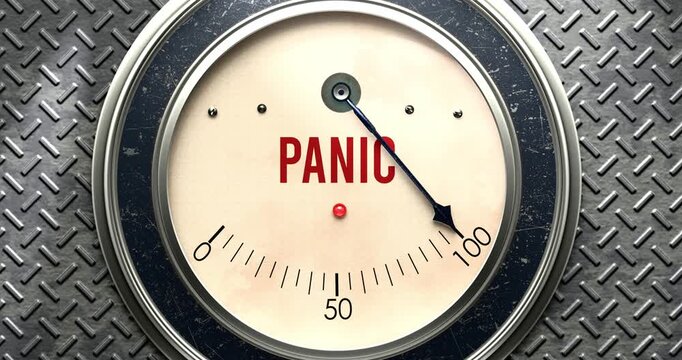Panic  meter that is hitting a full scale, showing rising levels of panic, overload of it, too much of it. Maximum value, off the charts.