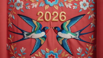 Elegant 2026 New Year Embroidery Design with Vibrant Birds and Floral Elements on Red Background Perfect for Greeting Cards and Celebrations