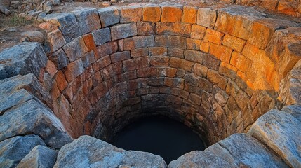 An ancient stone well structure with weathered brickwork and a dark water-filled opening in the ground