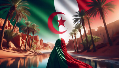 An Algerian flag in the grandeur of the Hoggar Mountains, Ai generated image