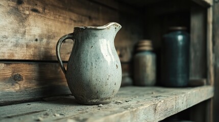 An antique ceramic jug with chipped and faded glaze sitting on a dusty wooden shelf