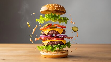 Vibrant and dynamic studio shot of a delicious gourmet beef burger with its fresh ingredients artistically suspended in mid-air, emphasizing flavor and culinary delight