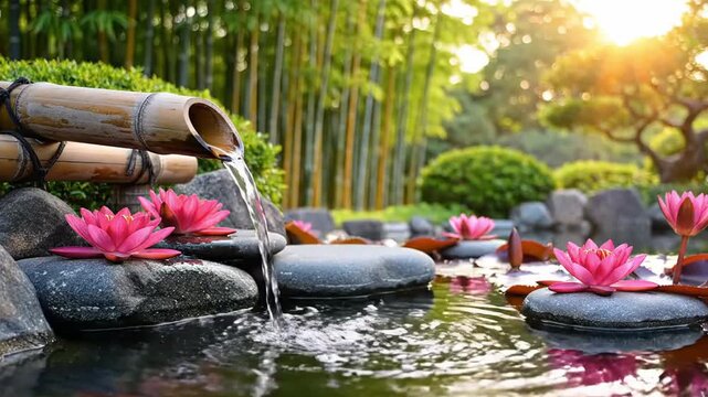Serene close-up of a traditional Japanese zen garden water feature with bamboo fountain, smooth dark stones, and vibrant pink lotus flowers in soft morning sunlight.
