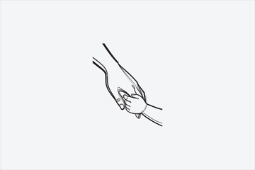 Minimal line art illustration of an adult hand holding a child&rsquo;s hand, symbolizing care, protection, trust, family bond, and guidance, isolated on white background. Vector illustration. 