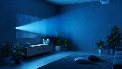 Modern bathroom with blue lighting and plants