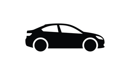 A simple black silhouette of a modern sedan car on a white background