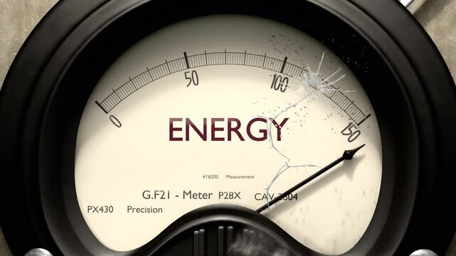 Energy meter showing big levels of energy. Dangerously increasing high values of energy, critical overload. Too much, off the charts. Max energy